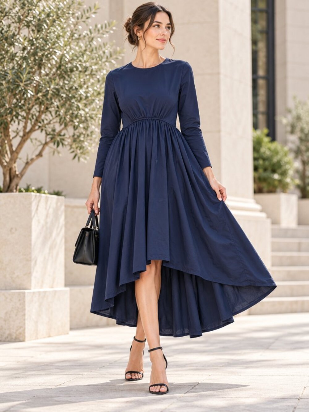 COS Asymmetric Gathered Waist Navy Cotton Midi Dress Size S